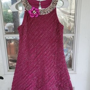 Rare editions girls dress sz14 red w/ Cheetah collar and flower knee lenght